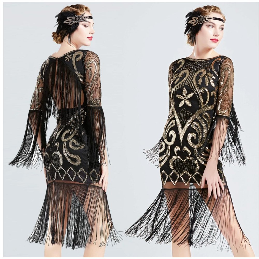 Black sequin beaded deco flapper dress ALL SIZES